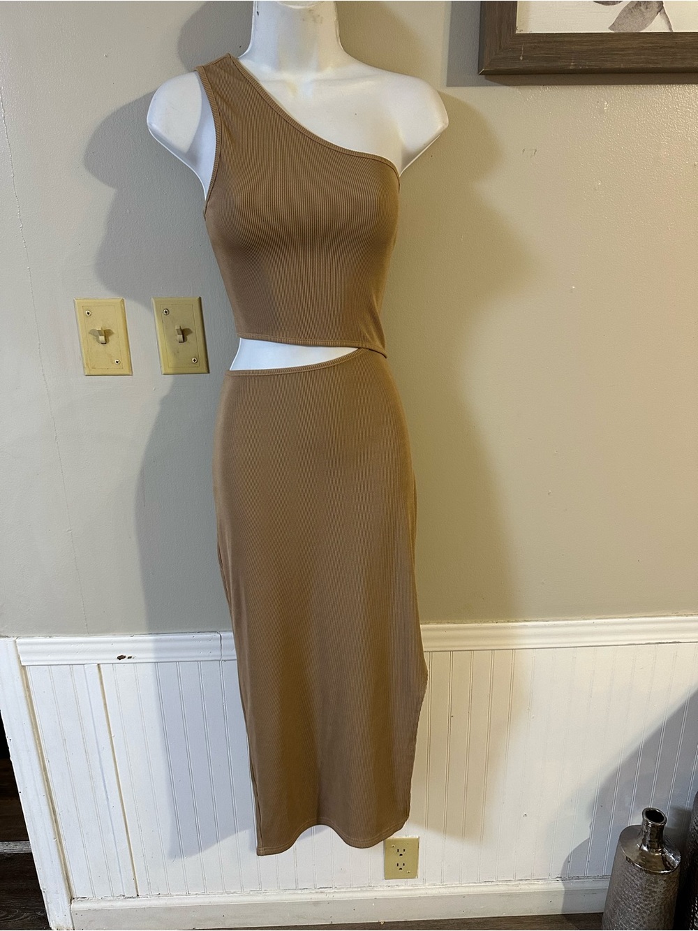 Asymmetric One-Shoulder Cutout Midi Dress in Brown